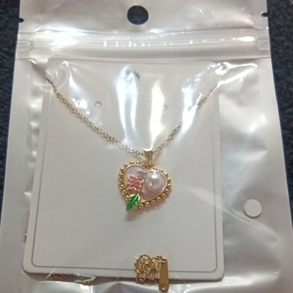 Gold Heart Pendant Necklace with Pink and Green Accents
